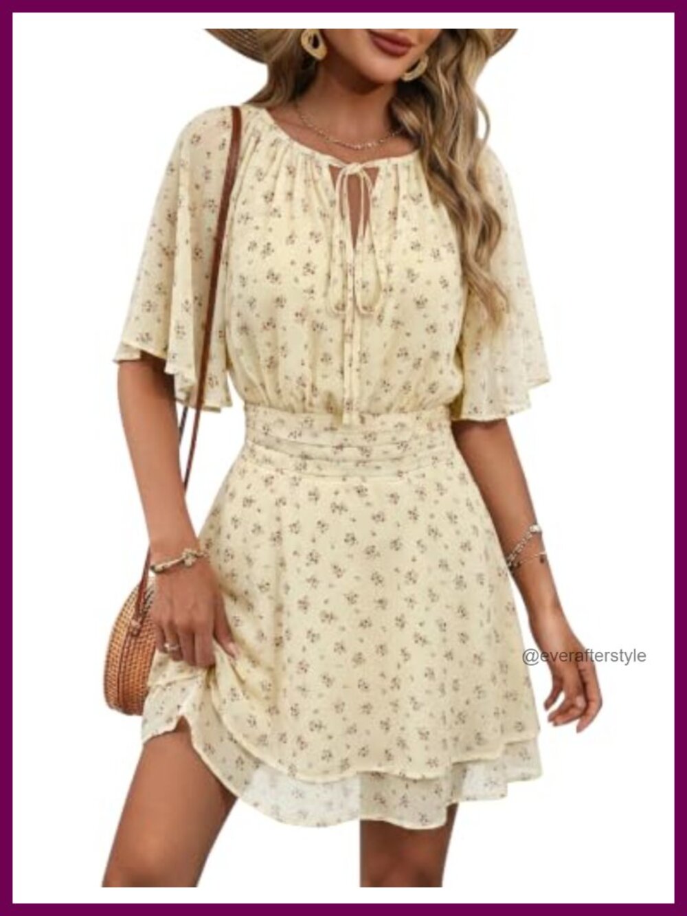 AIMCOO Flowy Chiffon Floral Print Mini Dress V Neck Ruffle Beach Sundress